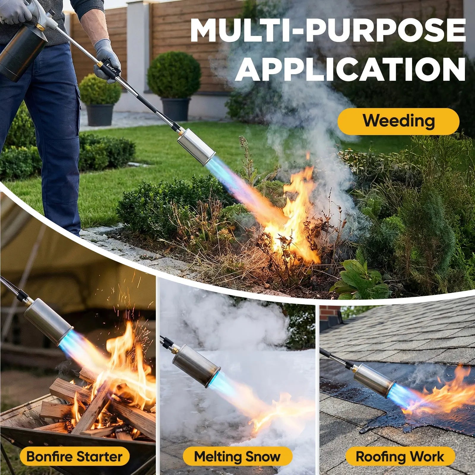 Weed Torch - Propane Torch Weed Burner with Detachable Long Arm, Rubber Grip & Flame Control Valve for Garden, Snow Road, Roofing, Outdoor (Propane Tank Not Included) Suniqfyre