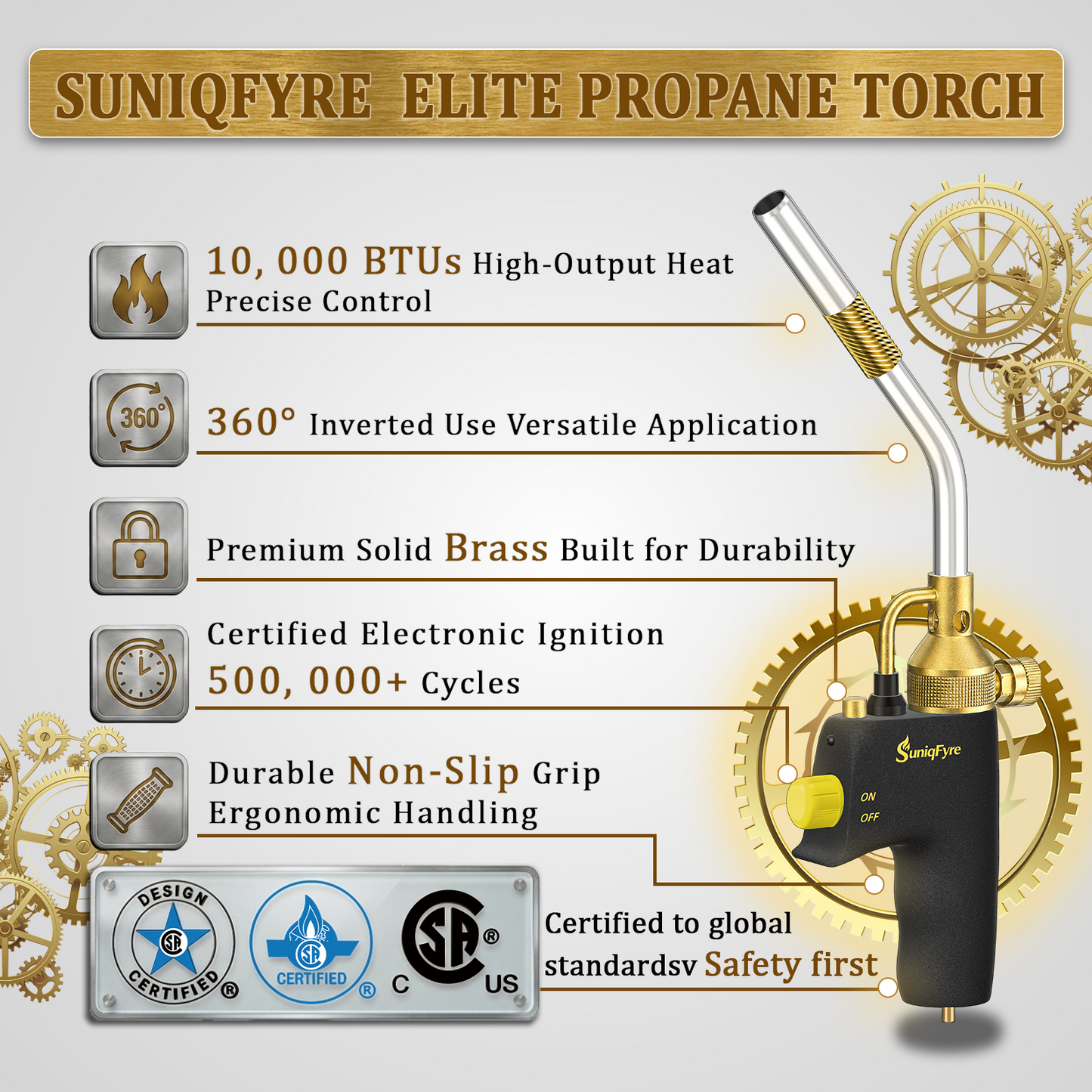 High-Intensity Propane Torch Head, Upgraded 10,000 BTU Trigger Start Gas Torch with Flame Lock&Built-in Pressure Valve, 360° All-Angle Burn CGA600 Plumbing Torch for Soldering, CSA Certified