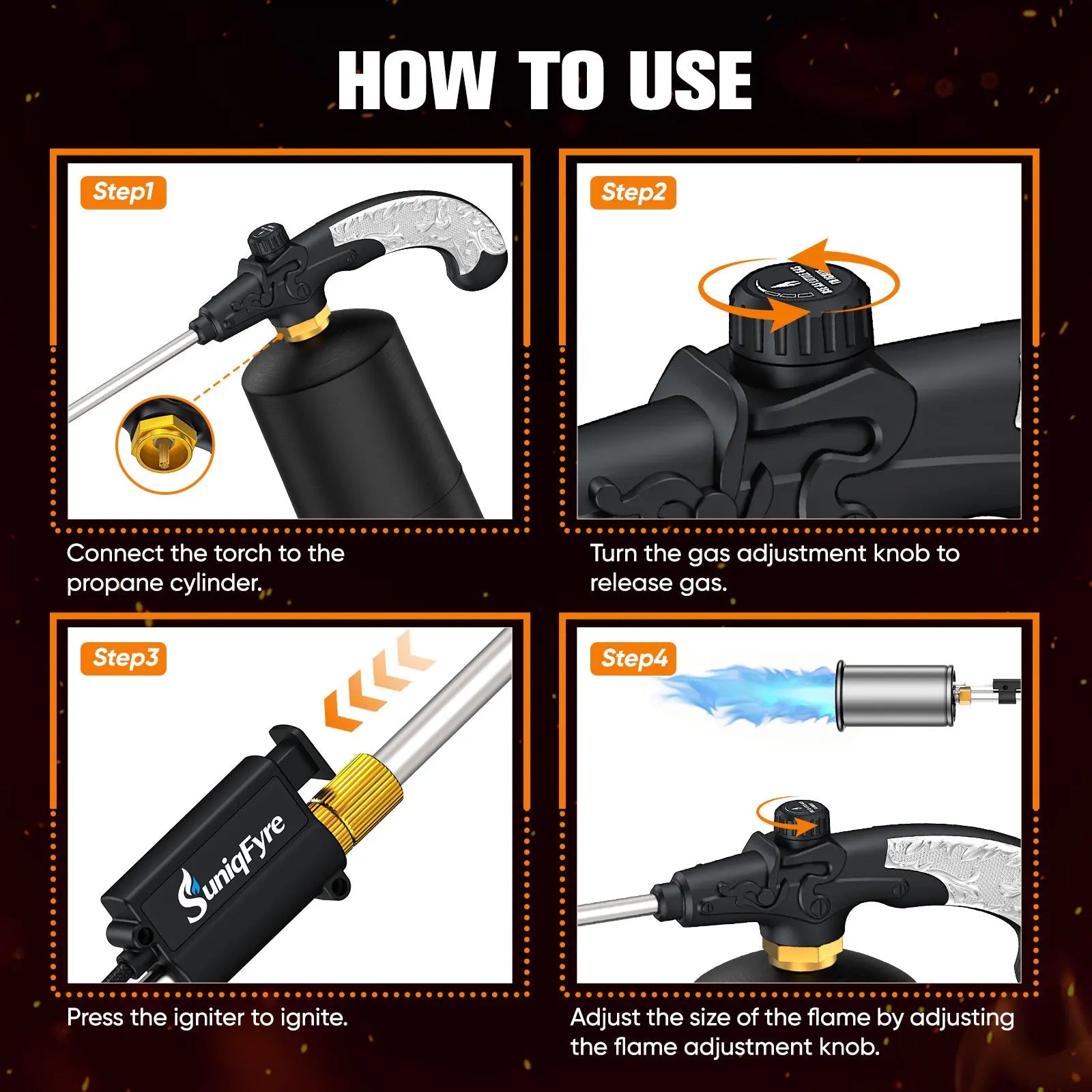 Propane Torch Weed Burner - Adjustable Flame Weed Burner with Detachable Handle & Piezo Trigger Self Igniting for Garden, Wood, Ice, Snow, Melting(Propane Tank Not Included) Suniqfyre