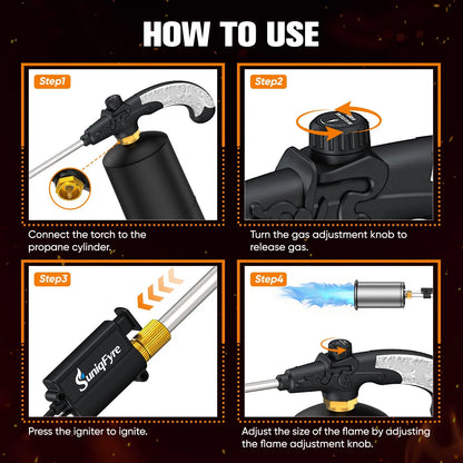 Propane Torch Weed Burner - Adjustable Flame Weed Burner with Detachable Handle & Piezo Trigger Self Igniting for Garden, Wood, Ice, Snow, Melting(Propane Tank Not Included) Suniqfyre
