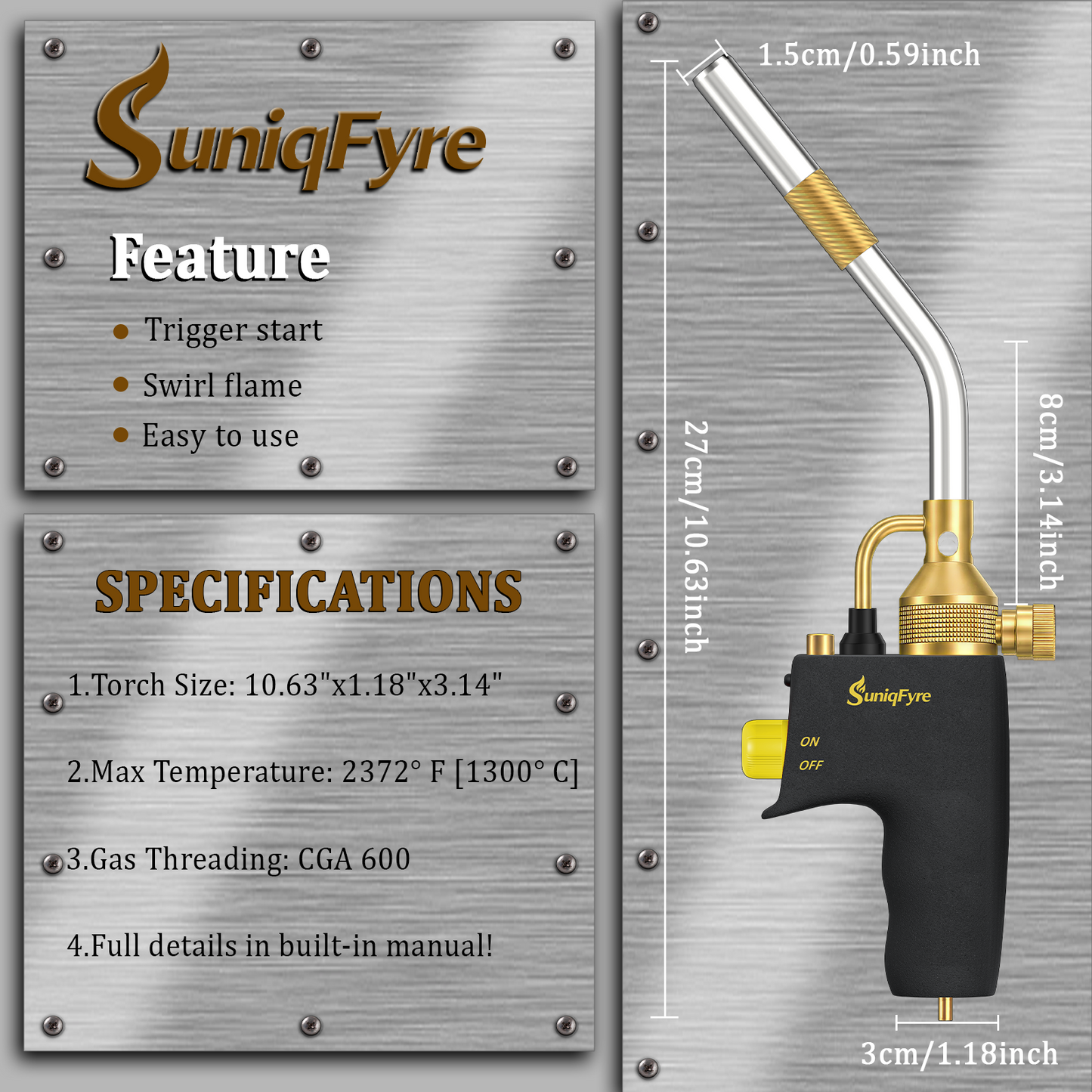 High-Intensity Propane Torch Head, Upgraded 10,000 BTU Trigger Start Gas Torch with Flame Lock&Built-in Pressure Valve, 360° All-Angle Burn CGA600 Plumbing Torch for Soldering, CSA Certified