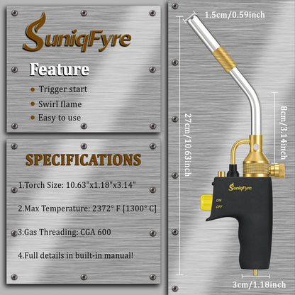 High-Intensity Propane Torch Head, Upgraded 10,000 BTU Trigger Start Gas Torch with Flame Lock&Built-in Pressure Valve, 360° All-Angle Burn CGA600 Plumbing Torch for Soldering, CSA Certified Suniqfyre